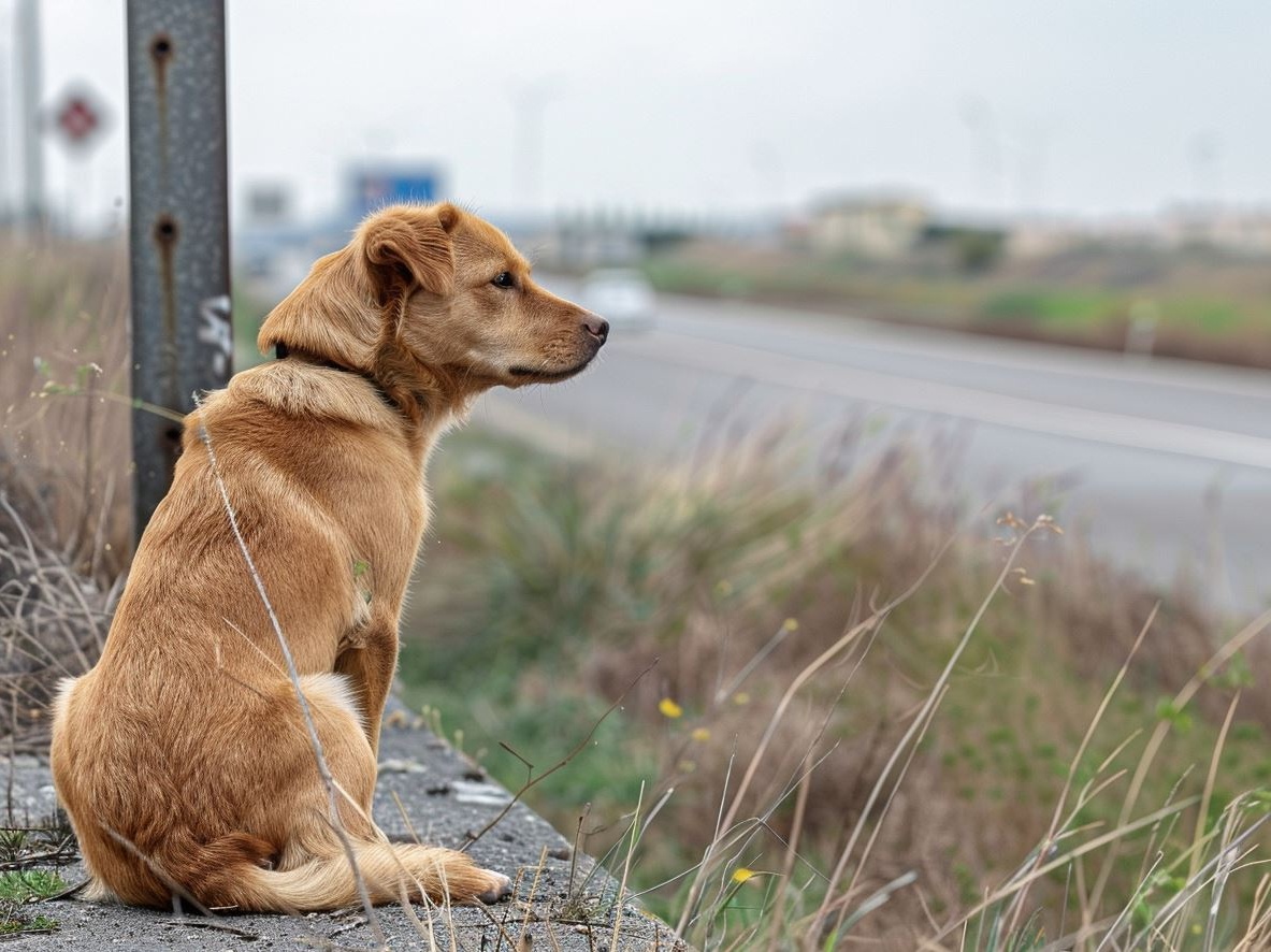 Cane abbandonato o randagio sul ciglio della strada