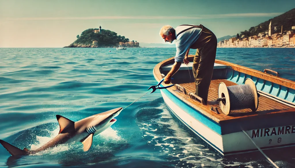 Immagine Inventata di Pescatore al largo di Miramare mentre libera uno squalo. La scena cattura il momento in cui il pescatore, con abbigliamento tipico, rimuove l'amo dallo squalo utilizzando una pinza, assicurandosi che l'animale torni sano e salvo nel mare