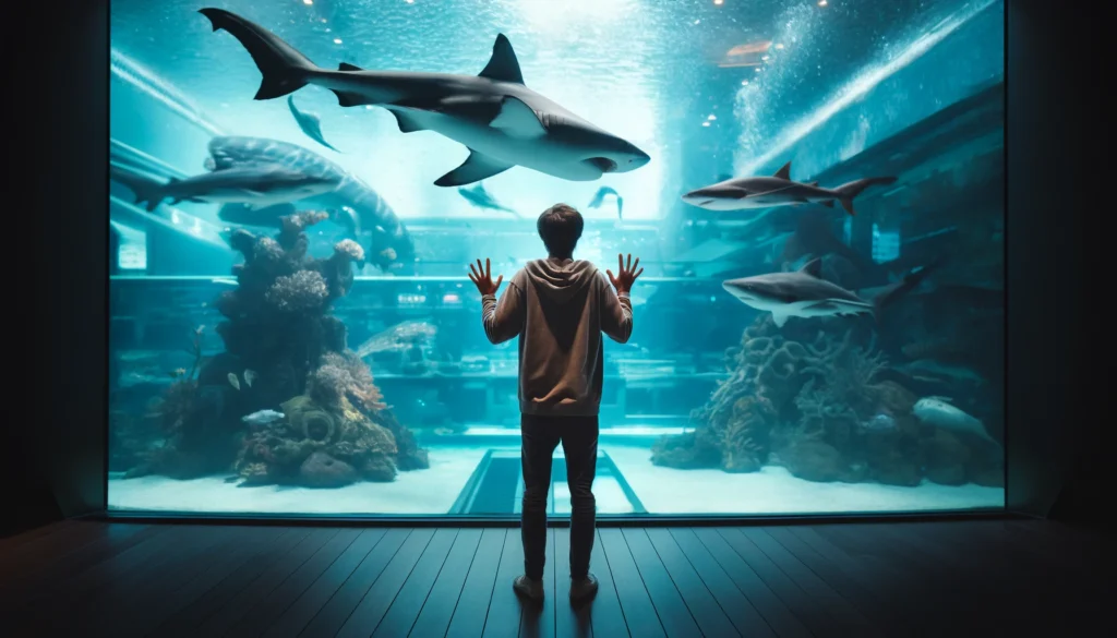 l'immagine mostra una persona di fronte a un grande acquario, visibilmente impaurita dagli squali che nuotano all'interno. La scena cattura l'ansia e il disagio della persona, mentre gli squali nuotano in un ambiente marino dettagliato con luci blu, coralli e altri elementi della vita marina sullo sfondo.