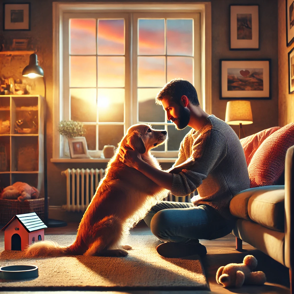 immagine che celebra l'affetto tra una persona e il suo cane in un ambiente domestico accogliente