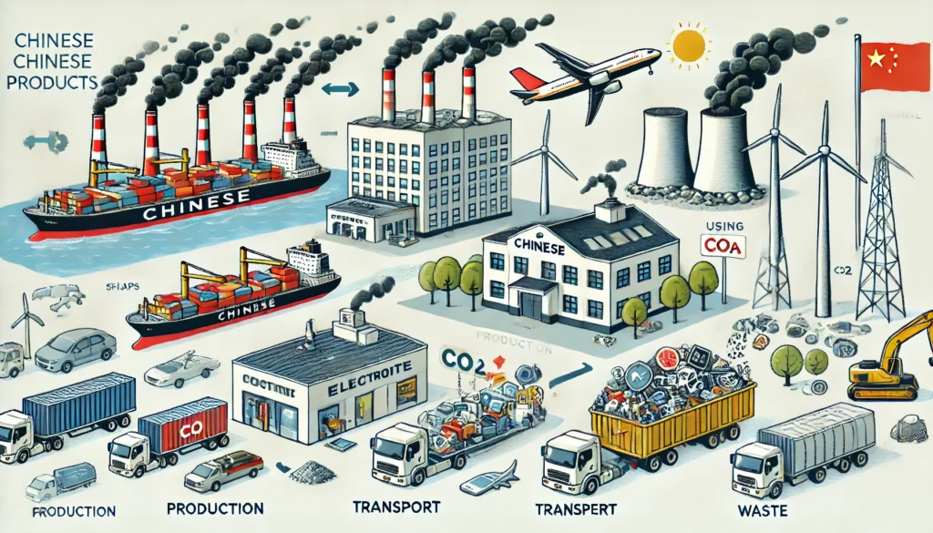 immagine che illustra l'impatto ambientale dei prodotti cinesi. La scena mostra una fabbrica che emette inquinamento, navi cargo e aerei che trasportano merci, una discarica piena di rifiuti elettronici e tessili, e una centrale a carbone che emette inquinanti. L'immagine è suddivisa in sezioni etichettate 'Produzione', 'Trasporto', 'Rifiuti' ed 'Energia', enfatizzando il degrado ambientale causato da questi processi