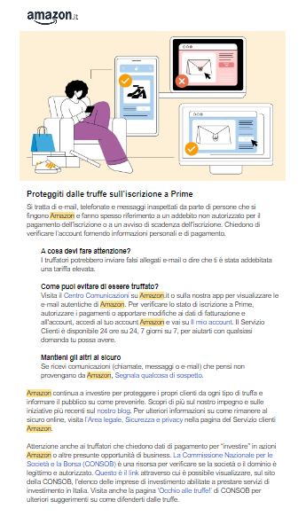 Testo della Email di Amazon Prime inviata a tutti i clienti per avvisare sulla nuova truffa Online