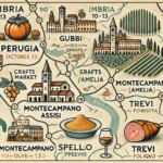 la cartina dell'itinerario in Umbria per il weekend dal 10 al 13 ottobre, con tutti i punti di interesse e le sagre segnalate